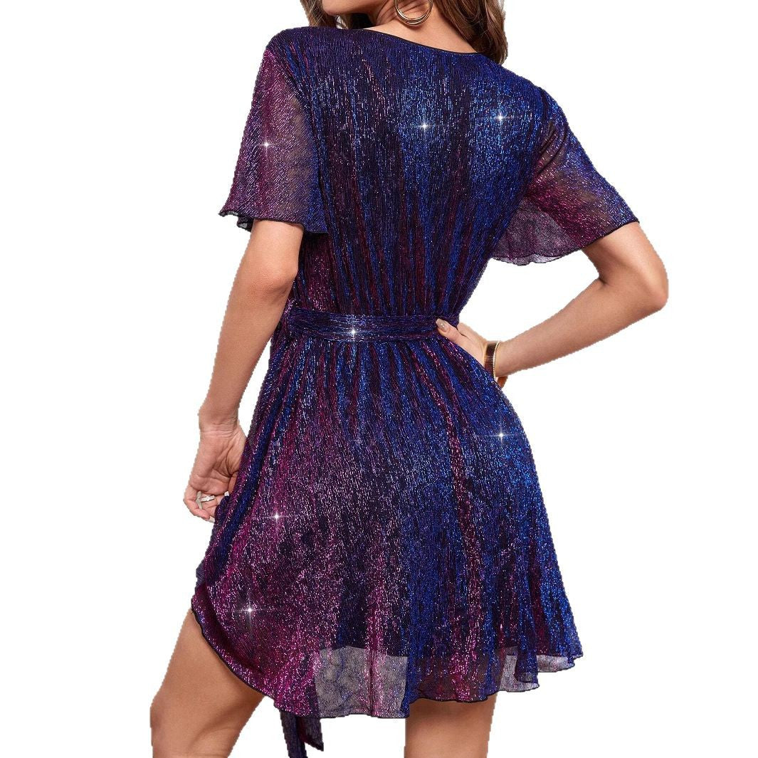 DruneMODE | V-Ausschnitt Pailletten Party Stil Kurzarm Kleid
