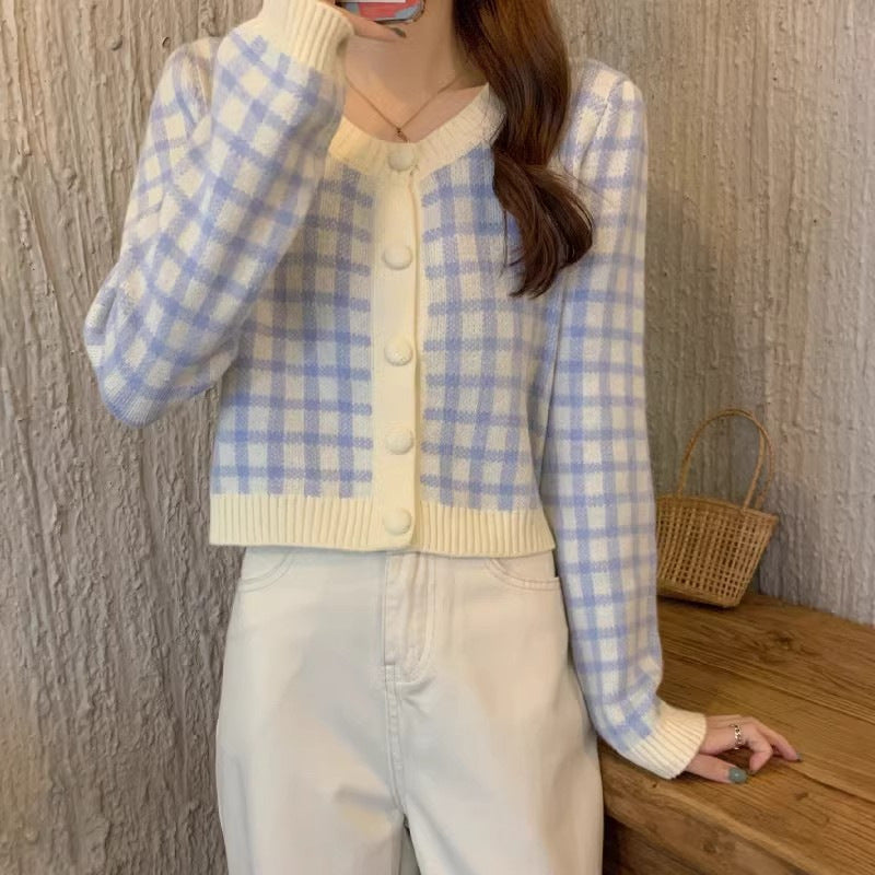 Damen Kurzstrickjacke mit Karo-Muster und Knöpfen Drune
