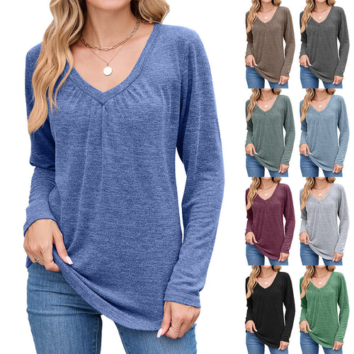 Damen lässiges Langarmshirt mit V-Ausschnitt und Falten Detail Drune