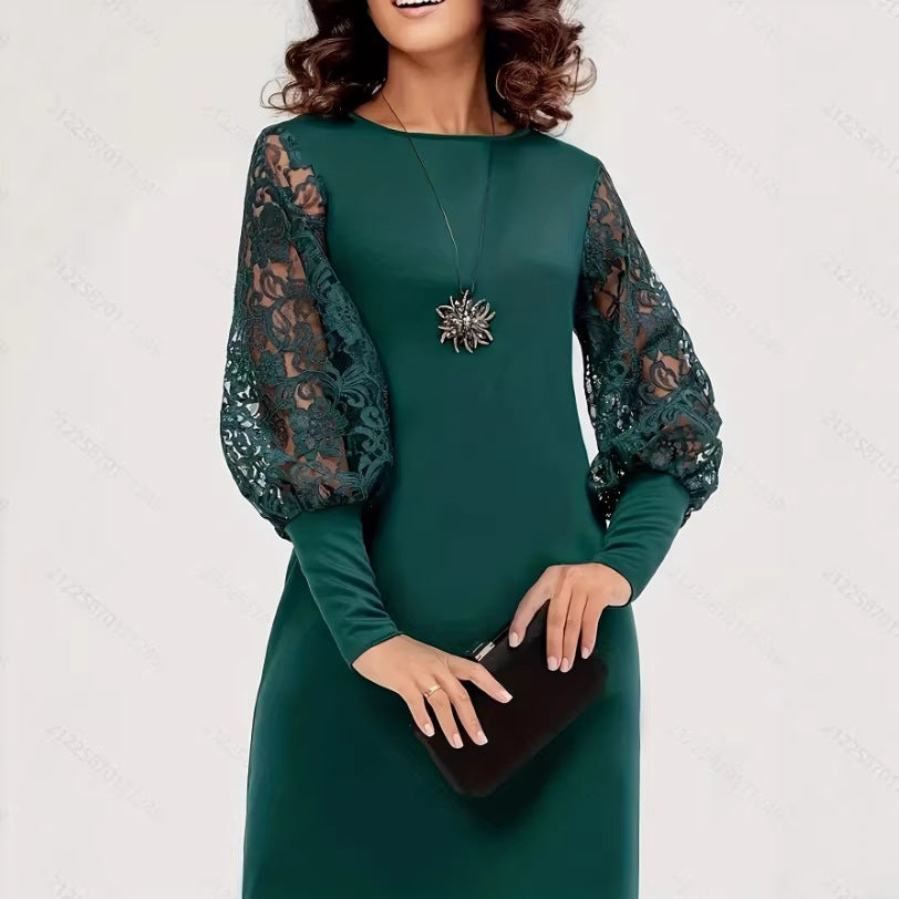 Damen elegantes Kleid mit Spitzenärmeln und tailliertem Schnitt Drune