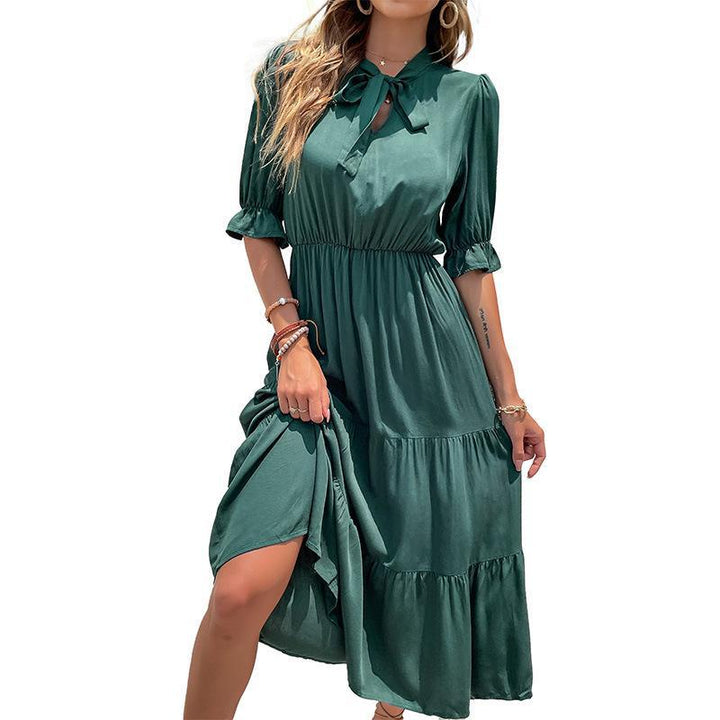 Damen lässiges Midi-Kleid mit Krawatte und Rüschensäumen Drune