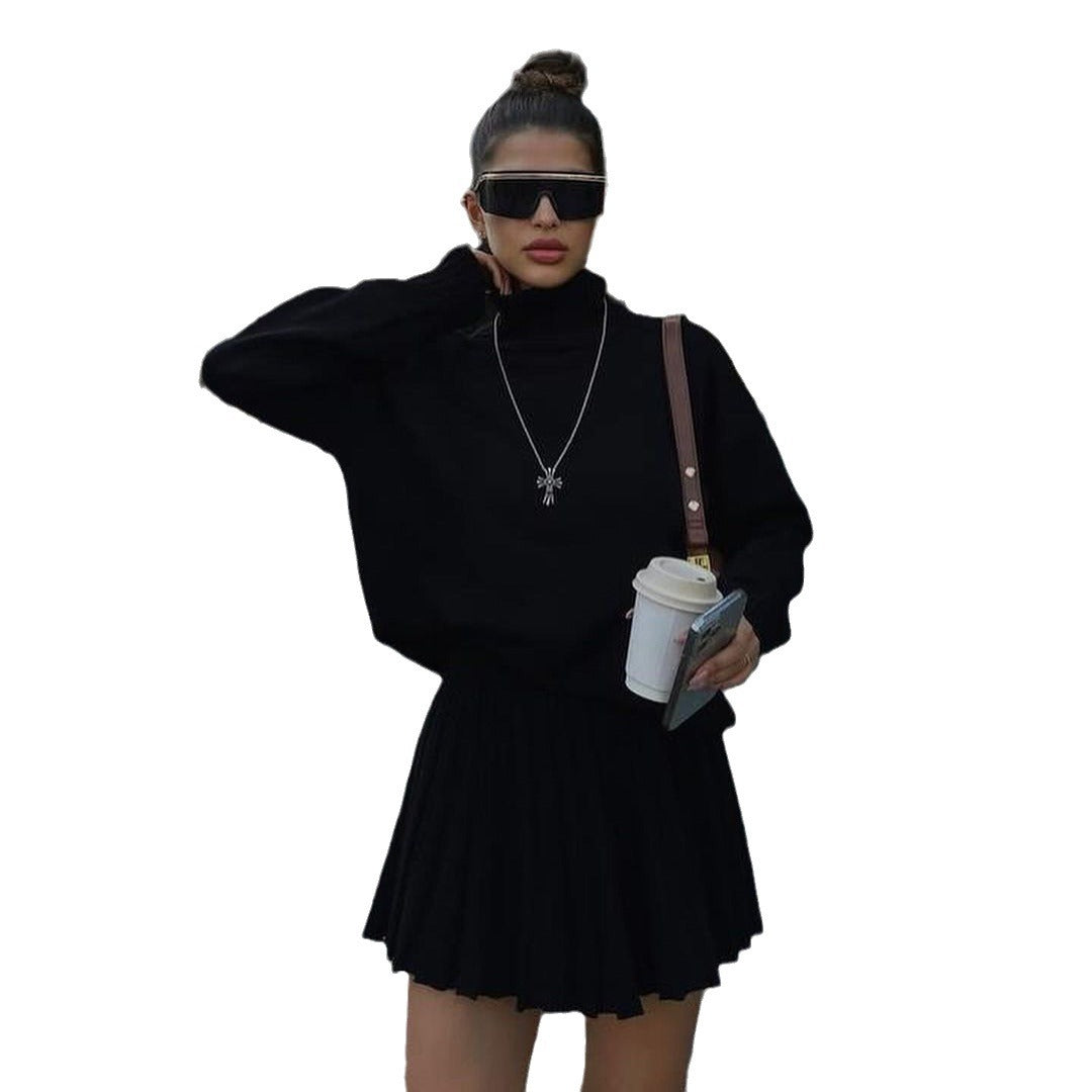 Damen Strickpullover mit hohem Kragen und plissierter Minirock Drune