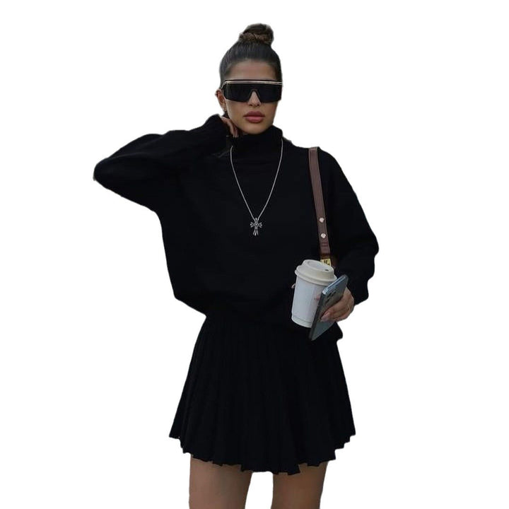 Damen Strickpullover mit hohem Kragen und plissierter Minirock Drune