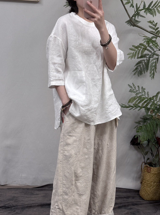 Damen Relaxed Fit Leinen Tunika-Oberteil mit Tasche Drune