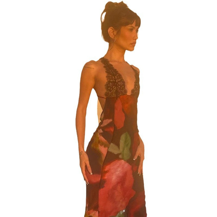 Damen Maxikleid mit raffiniertem Spitzenbesatz und floralen Mustern Drune