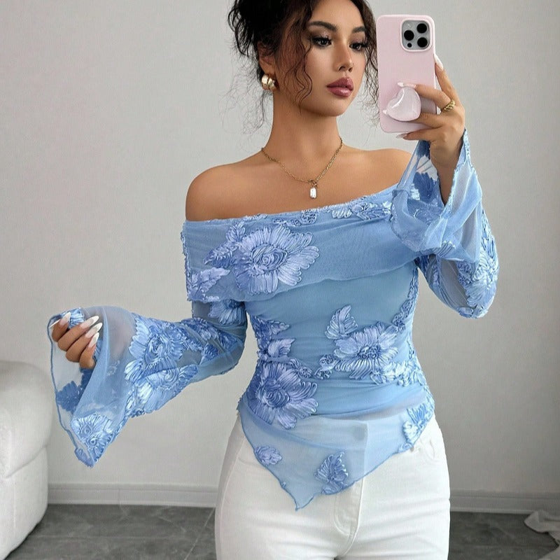 Damen Elegantem Oberteil mit Schulterfreiem Design und Blumenmuster Drune