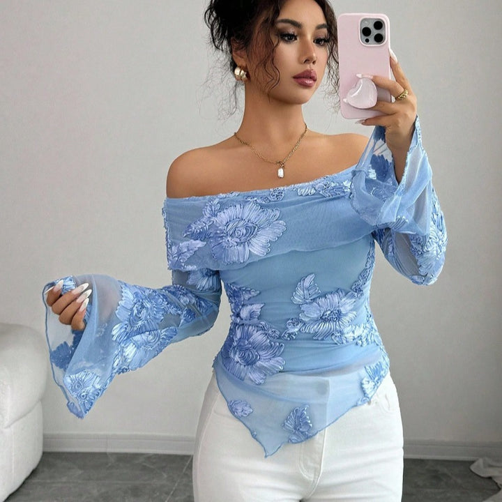 Damen Elegantem Oberteil mit Schulterfreiem Design und Blumenmuster Drune