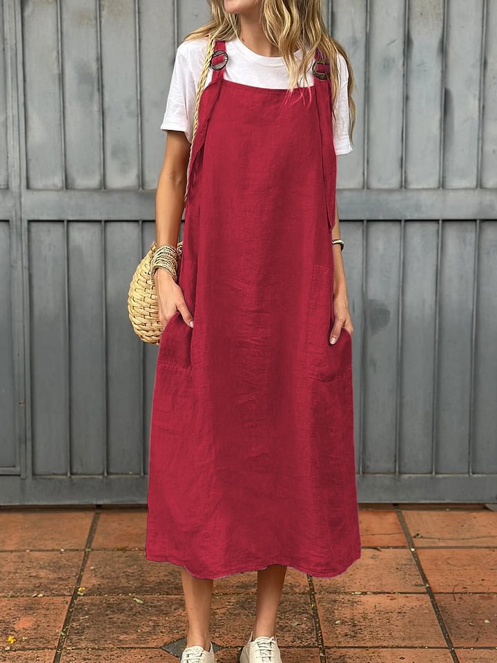 Damen Lässiges Leinenkleid mit praktischen Trägerdetails und großen Taschen Drune