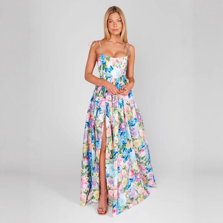 Damen Maxi-Langarmkleid mit floralem Muster und Rüschendetails Drune