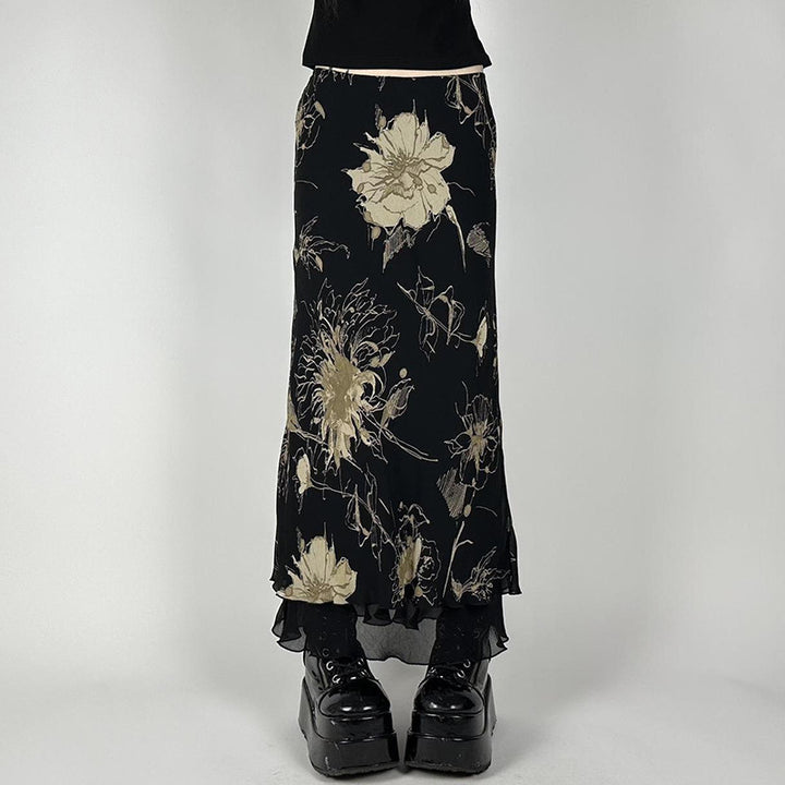 Damen Eleganter Maxirock mit floralem Muster und transparentem Untergrund Drune