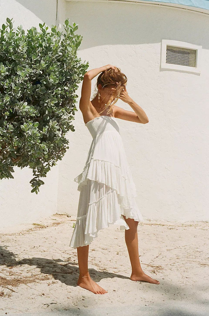 Damen fließendes Sommerkleid mit voluminösen Rüschen Drune