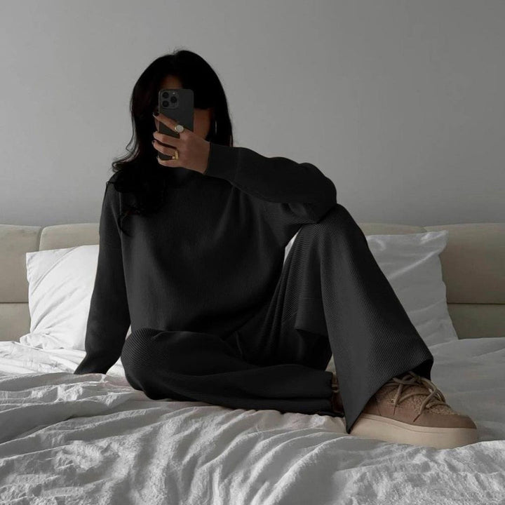 Damen Strick-Loungewear-Set mit hohem Kragen und weiten Hosen Drune
