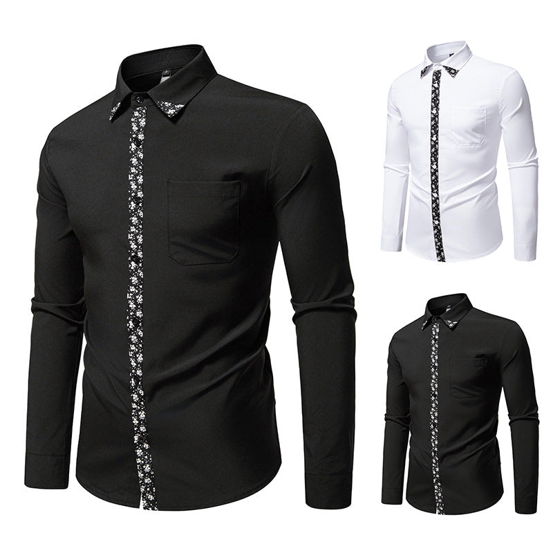 Herren elegantes Langarmhemd mit floralem Kragen und Brusttasche Drune