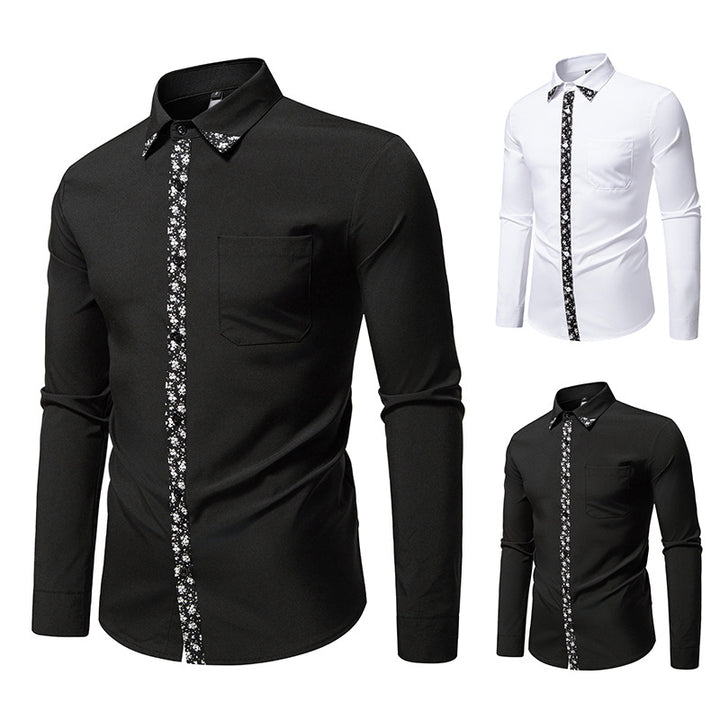 Herren elegantes Langarmhemd mit floralem Kragen und Brusttasche Drune