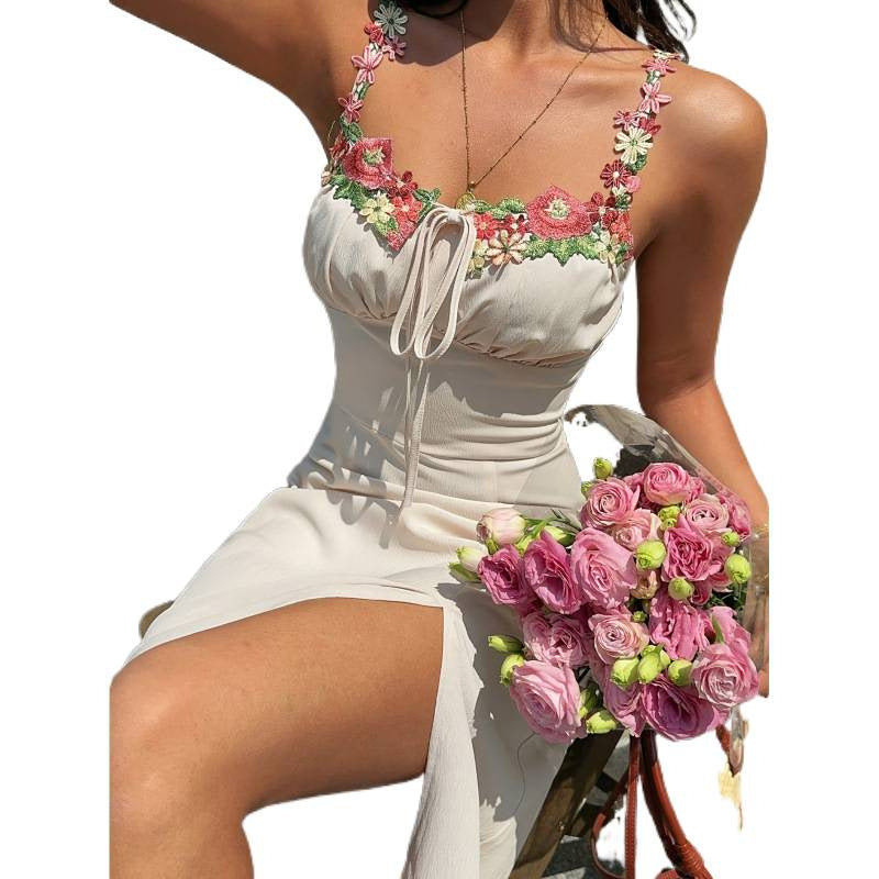 Damen Maxikleid mit floralem Detail und verstellbarem Ausschnitt Drune