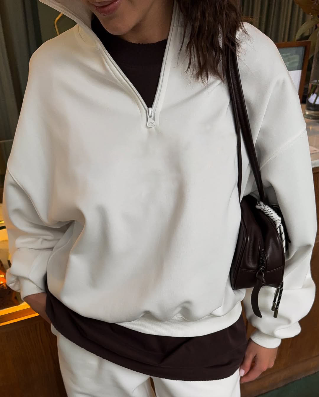 Damen nan Oversize Halbzip-Pullover mit Stehkragen und weitem Lounge-Hose-Set Drune