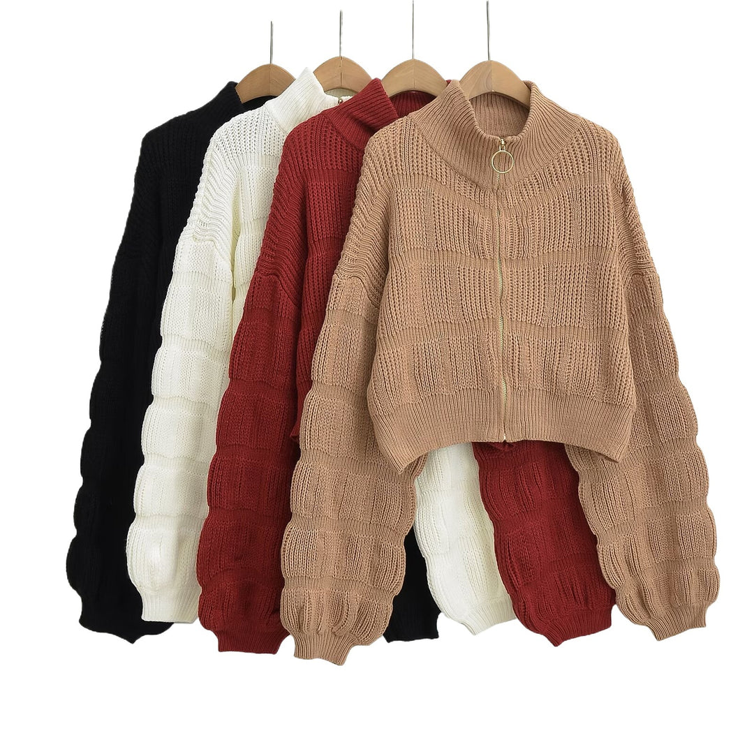 Damen Cropped Strickjacke mit dekorativem Reißverschluss und voluminösen Ärmeln Drune