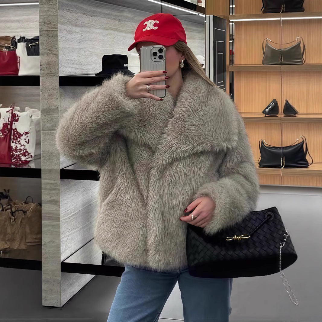 Damen Kunstpelzjacke mit luxuriösem Schnitt und weitem Kragen Drune