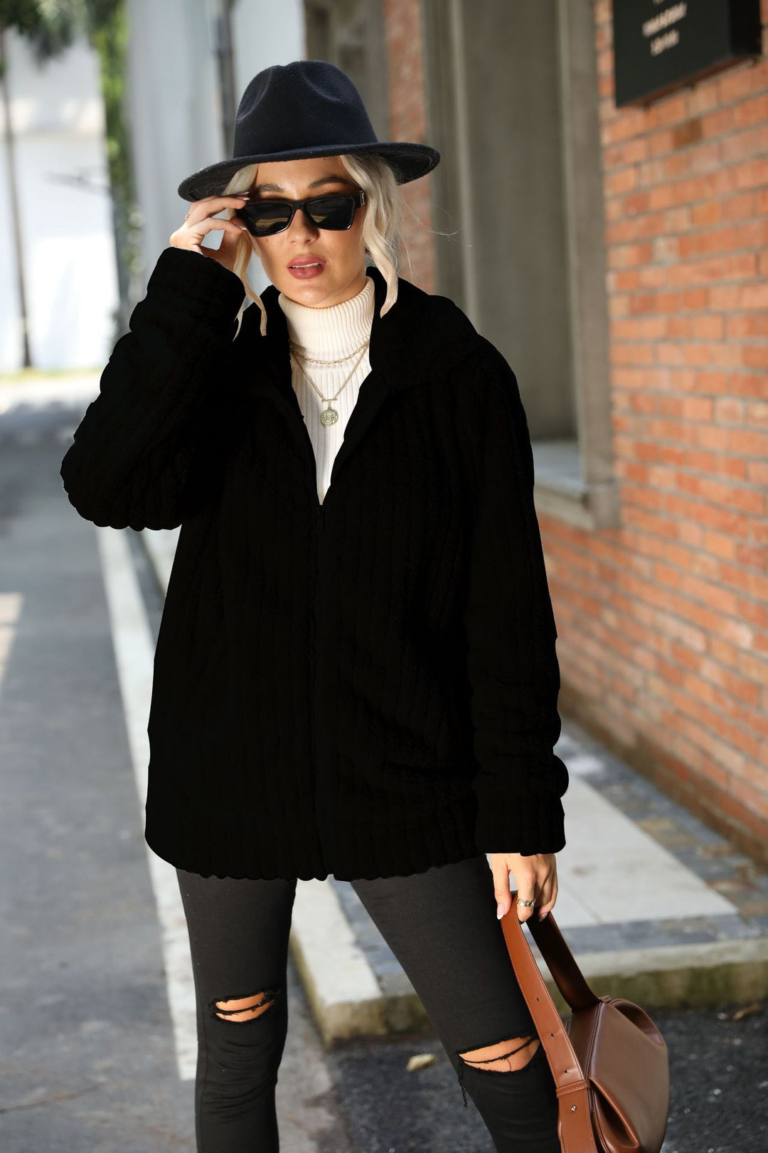 Damen Plüschige Fleecejacke mit weichem Kragen und praktischen Reißverschlusstaschen Drune