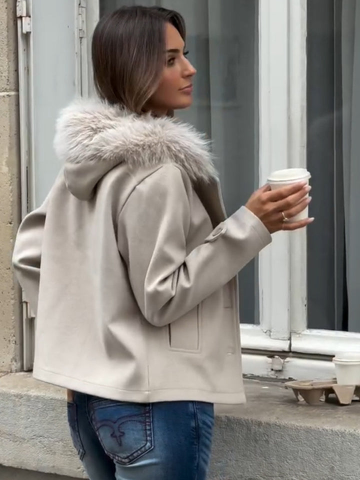 Damen modische Übergangsjacke mit luxuriösem Kunstpelzkragen Drune