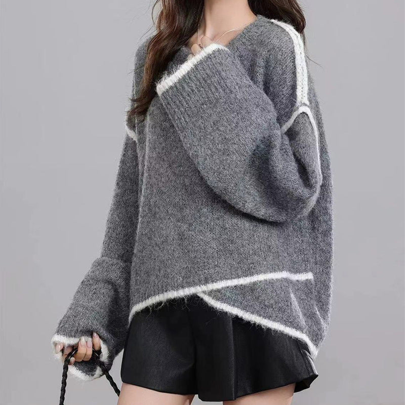 Damen lockerer Strickpullover mit kontrastierendem Rand Drune