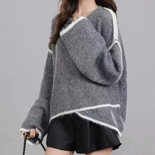 Damen lockerer Strickpullover mit kontrastierendem Rand Drune