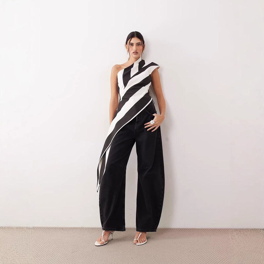 Damen asymmetrisches Wickeloberteil mit Streifenmuster Drune