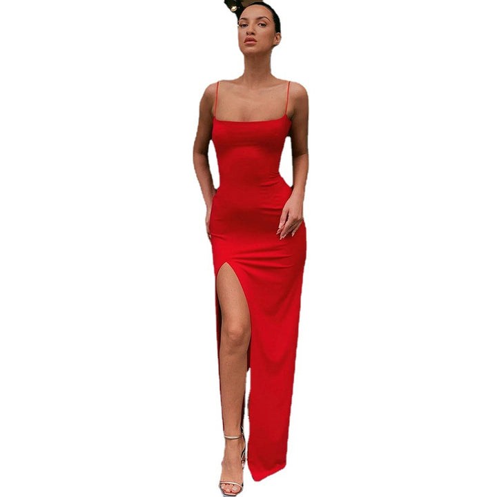 Damen Elegantes Maxikleid mit tiefem Seitenschlitz und schmalen Spaghetti-Trägern Drune