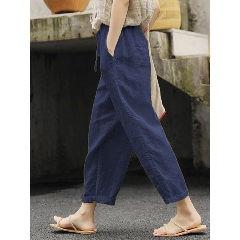 Damen lässige Leinenhose mit elastischem Bund und seitlichen Taschen Drune