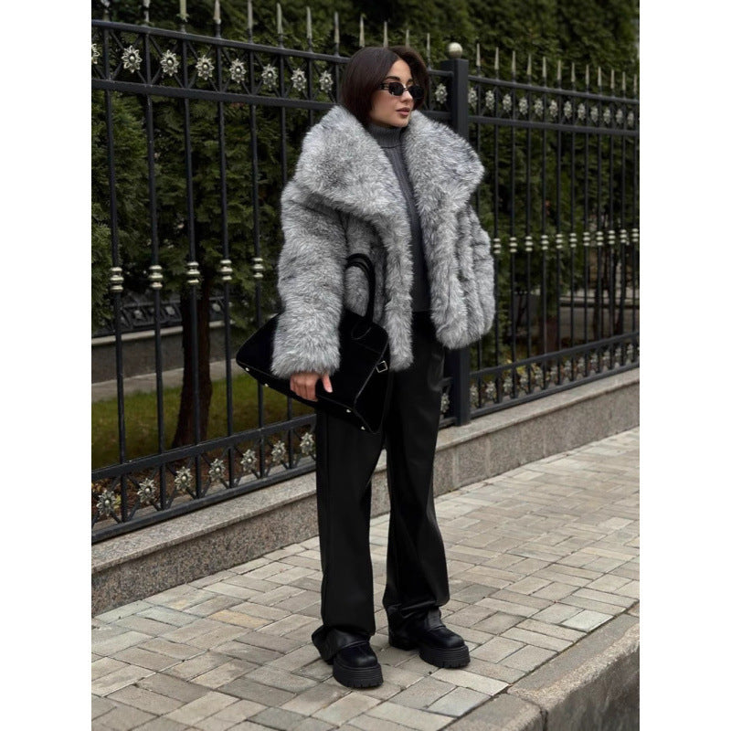 Damen Kunstpelzjacke mit voluminösem Kragen und lockerer Passform Drune