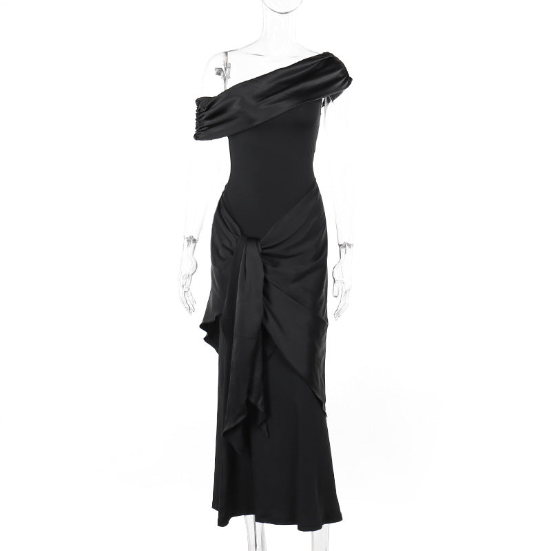Damen bodenlanges Abendkleid mit asymmetrischem Schnitt und tiefem V-Ausschnitt Drune