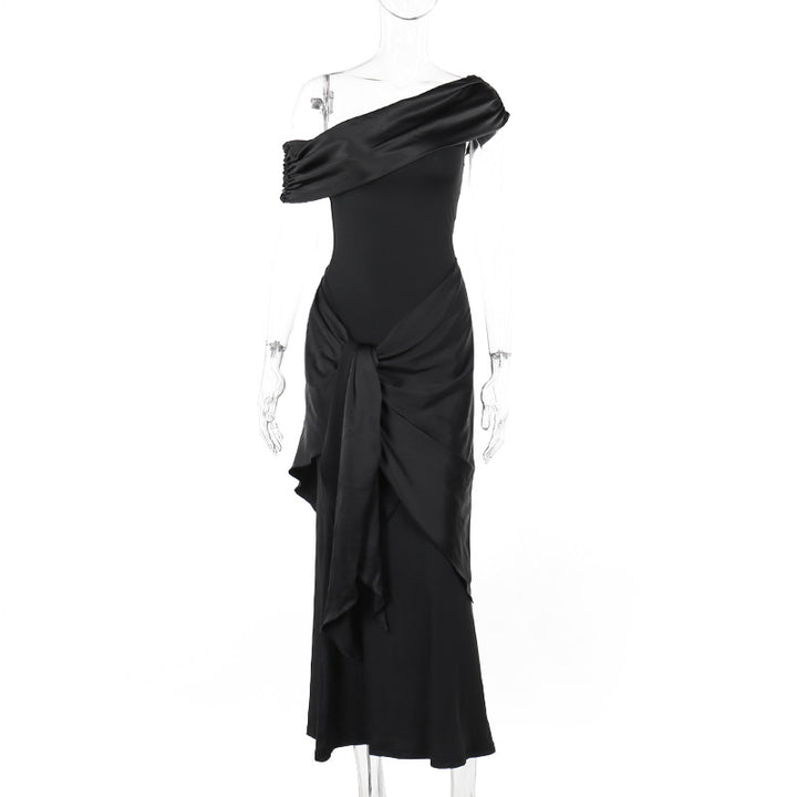 Damen bodenlanges Abendkleid mit asymmetrischem Schnitt und tiefem V-Ausschnitt Drune