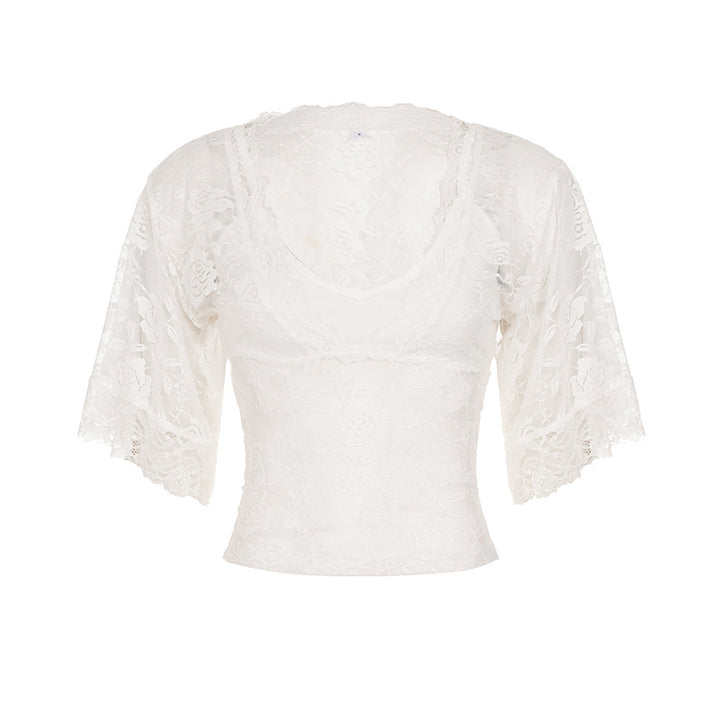 Damen elegantes Spitzenoberteil mit voluminösen Rüschendetails Drune