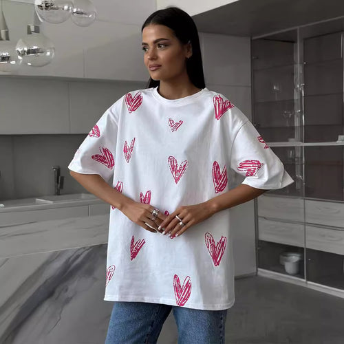 Damen Lässiges T-Shirt mit Herzmotiven und weit geschnittenem Schnitt Drune