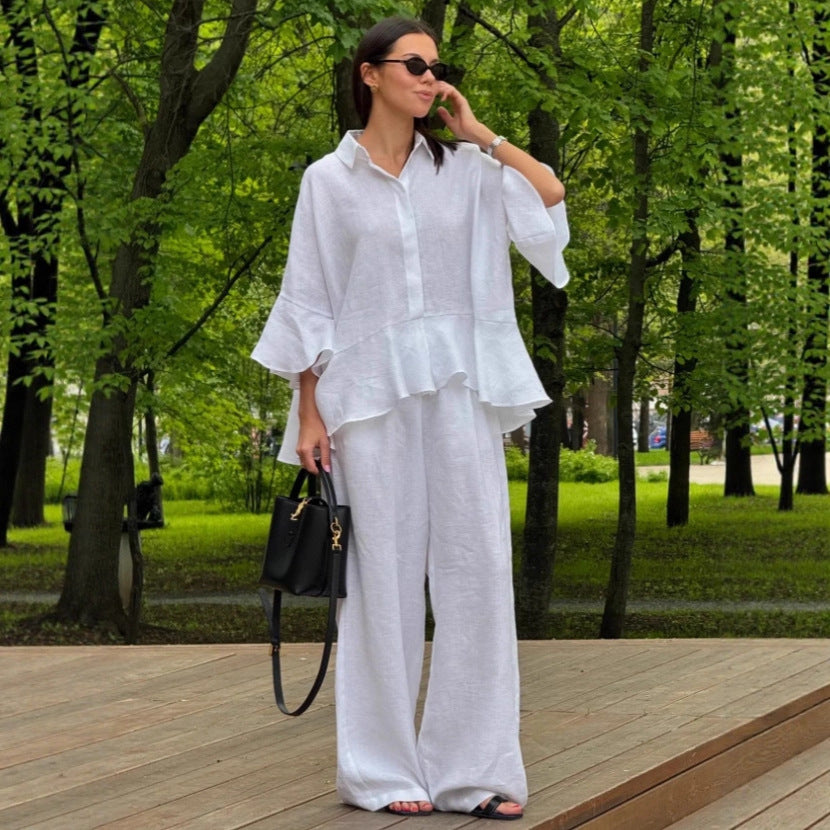 Damen Leinenbluse mit voluminösen Ärmeln und weiten Hosen Drune