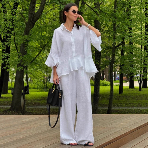 Damen Leinenbluse mit voluminösen Ärmeln und weiten Hosen Drune