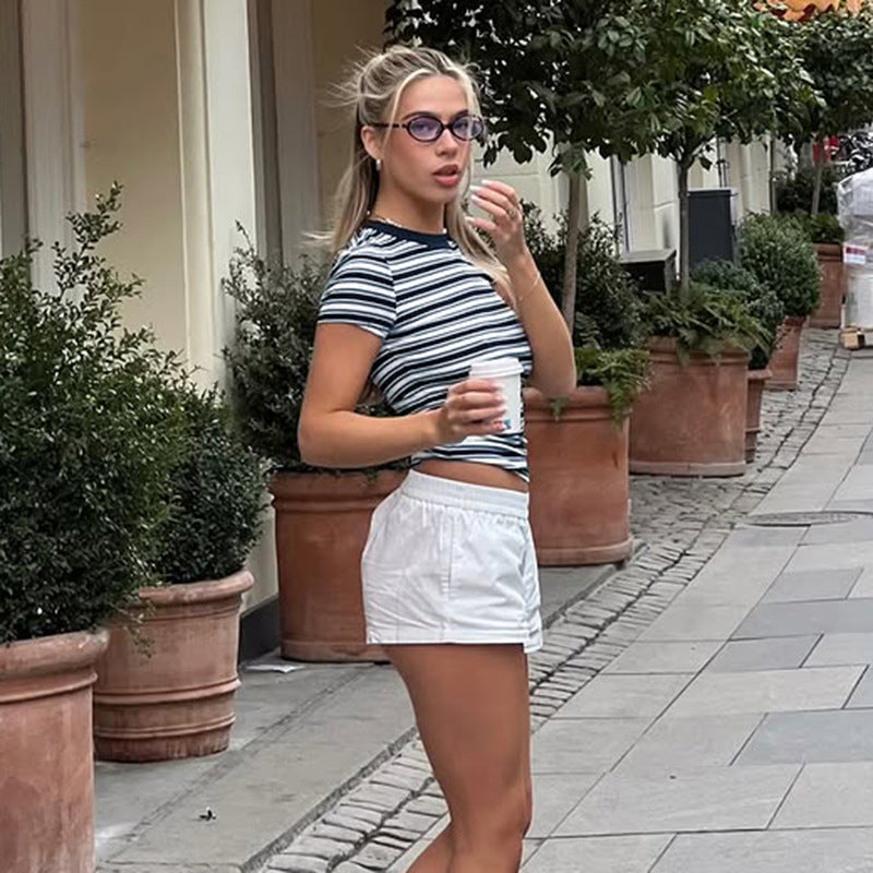 Damen Kurzarmshirt mit modernem Streifenmuster und elastischem Schnitt Drune