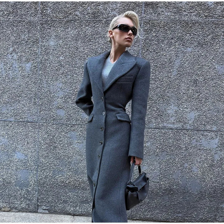 Damen Wollmantel mit eleganter Passform und dekorativen Knopfdetails Drune