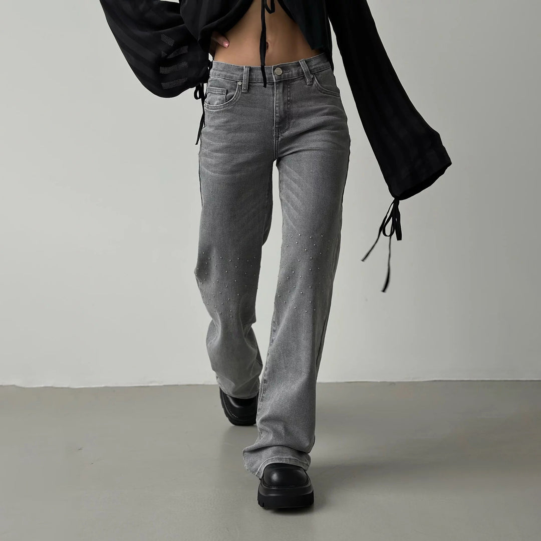 Damen Hochgeschnittene Jeans mit modischem Distressed-Design und originellen Nieten Drune
