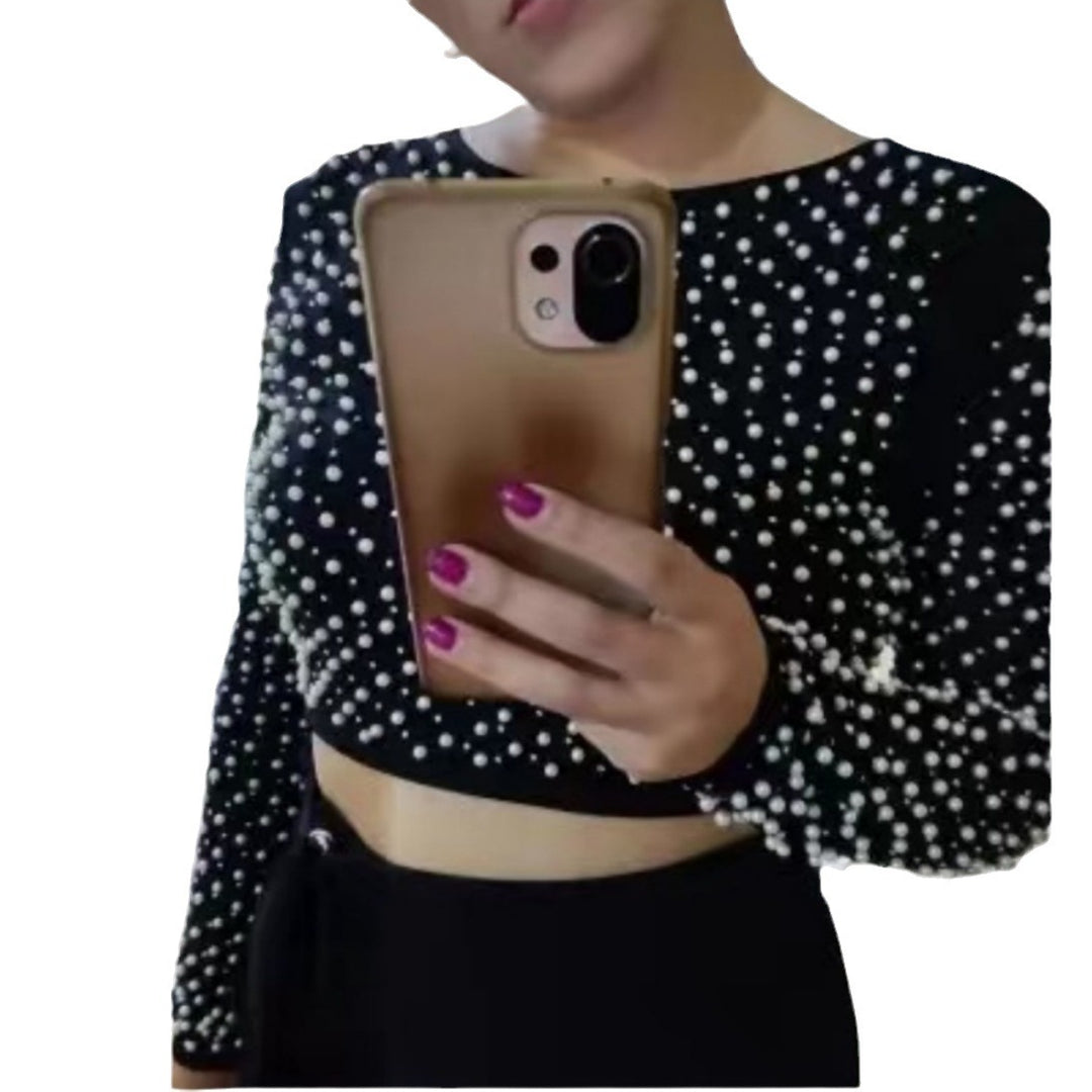 Damen Elegantes Langarm-Crop-Top mit Perlenbesatz Drune