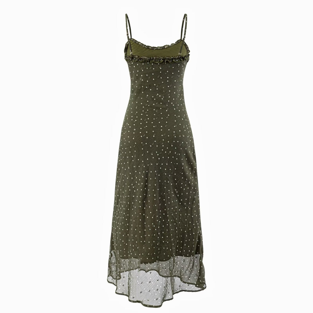 Damen Maxikleid mit zarten Spaghettiträgern und Punktmuster Drune