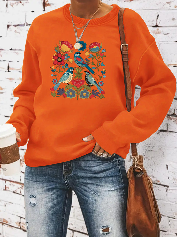 Damen Sweatshirt mit floralem Vogelmotiv und lässigem Schnitt Drune
