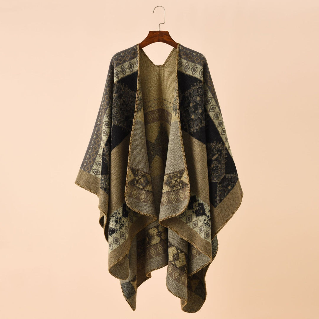 Damen Modischer Poncho mit kunstvollem Muster und fransigen Kanten Drune