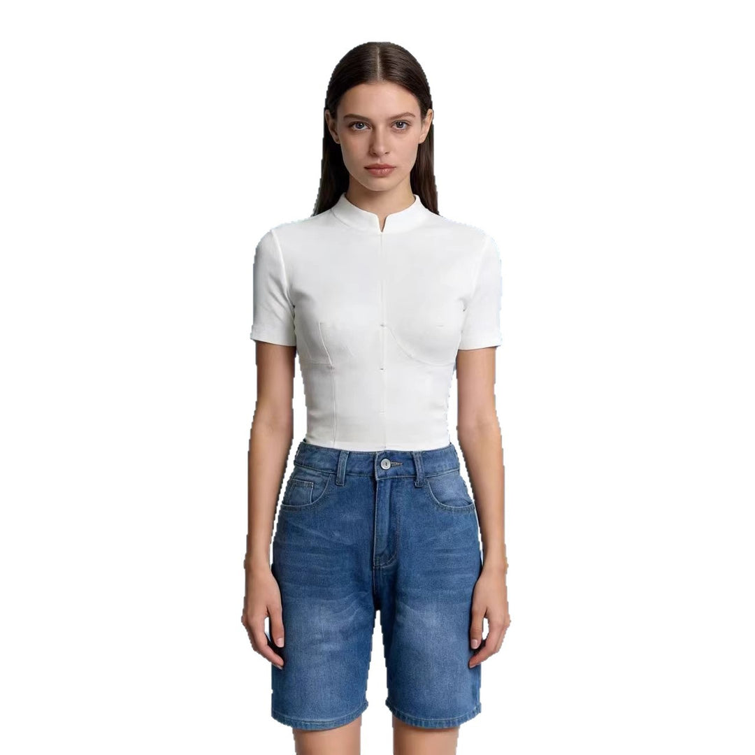 Damen figurbetontes Cropped Oberteil mit Stehkragen und kurzen Ärmeln Drune