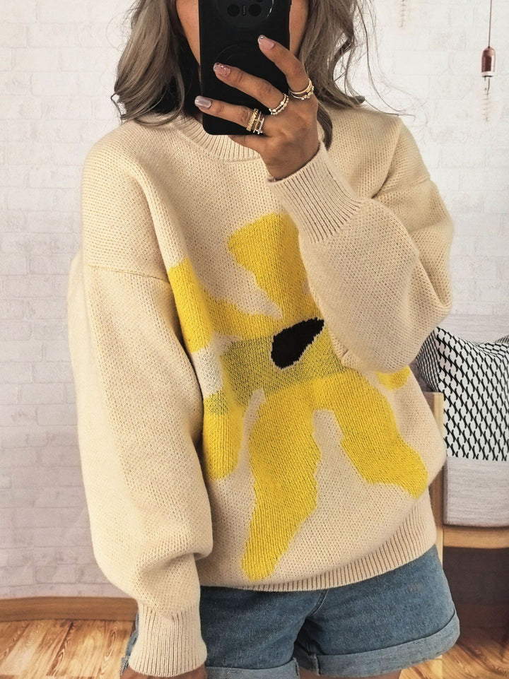Damen lässiger Strickpullover mit buntem Blumenmotiv und überschnittenen Schultern Drune