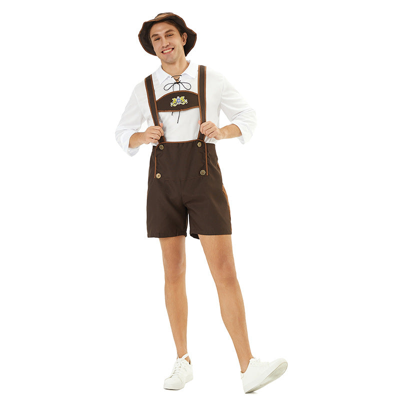 Herren nan Oktoberfest-Kurzlederhose mit verstellbaren Trägern, Zierknöpfen und besticktem Brustlatz Drune