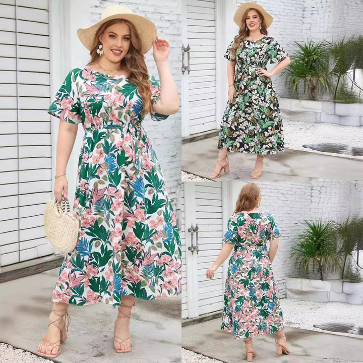 Damen Maxikleid mit aufwendig gestaltetem Band und zeitloser Musterung Drune
