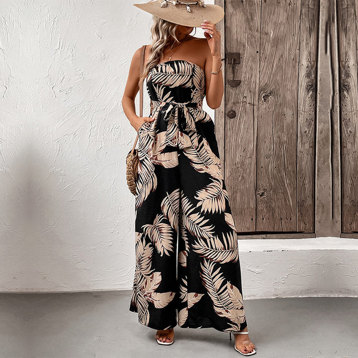 Damen strapless Jumpsuit mit floralem Print und Taillengürtel Drune