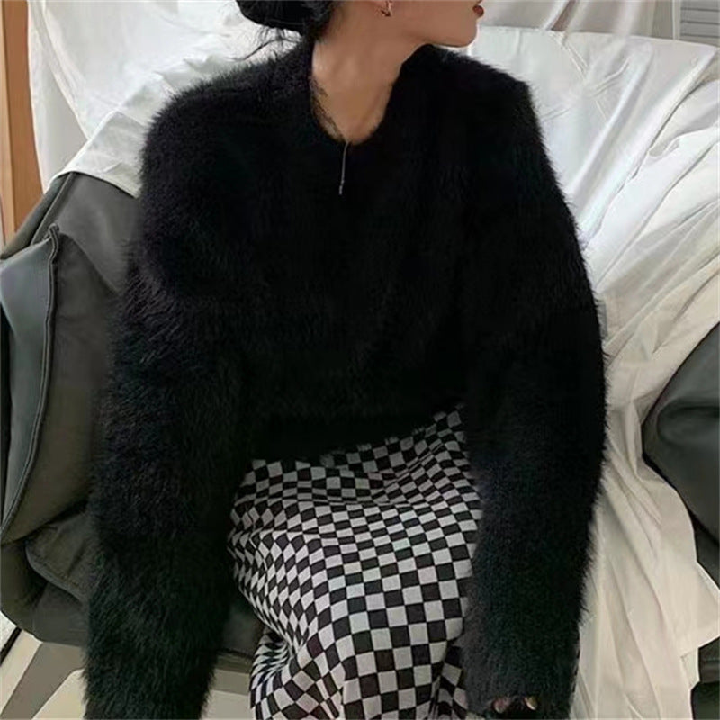 Damen Flauschiger Pullover mit lässigem Schnitt und hohem Rundhalsausschnitt Drune