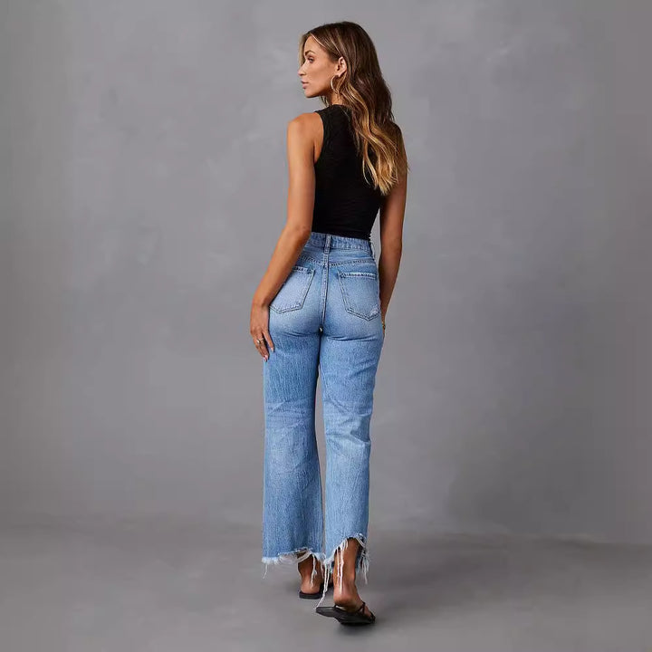 Damen weite High-Waist Jeans mit Destroyed-Details Drune
